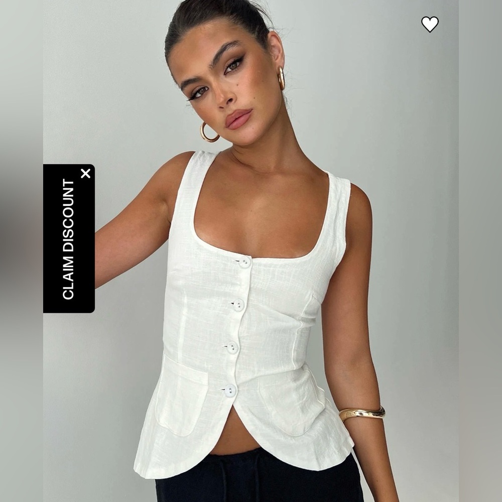 Princess Polly White Linen-Blend Button Front Tank Top